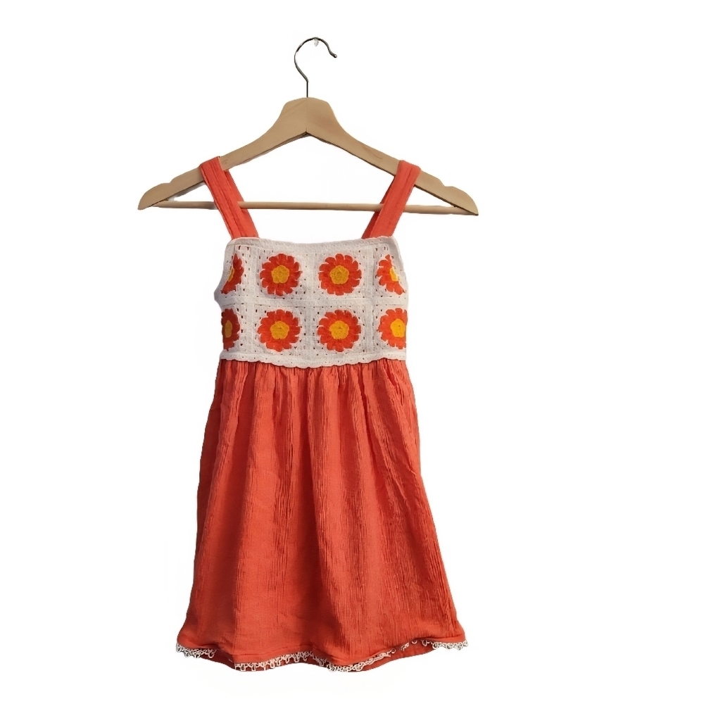 HAUTE HIPPIE Size 5 Kids Crochet Floral Dress Boho 100% Cotton